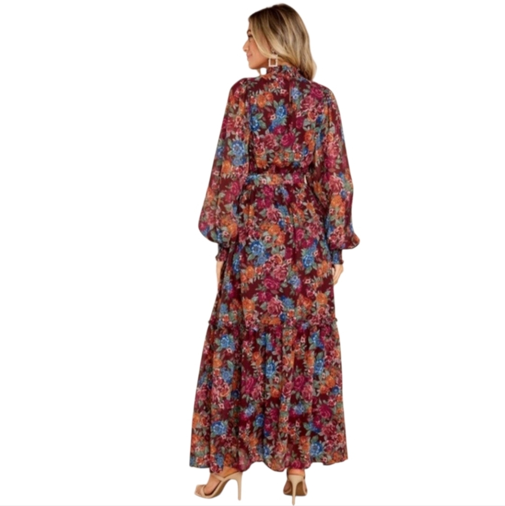 AURA Floral Maxi Dress Burgundy Boho Mock Neck Lantern Sleeve Tiered Belted L - Picture 2 of 11